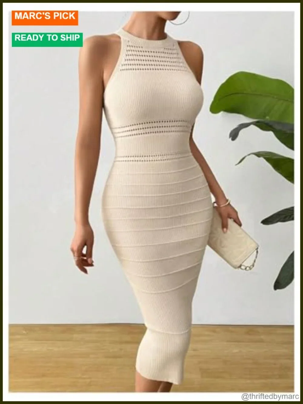 Halter Knit Midi Dress Sleeveless Bodycon Hollow Out